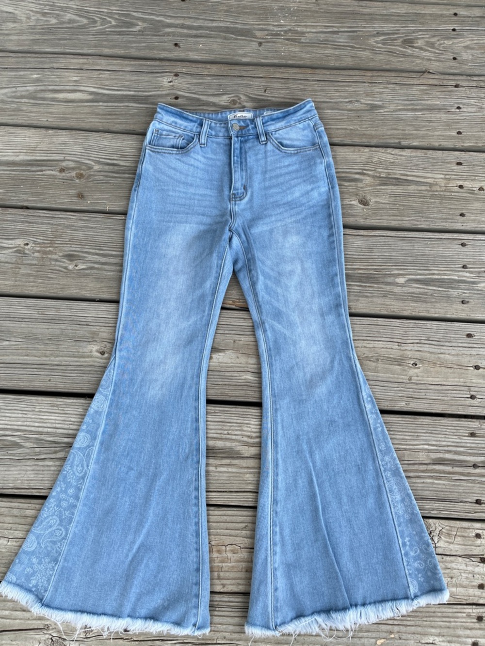 KanCan Light Blue High-Rise Flare Jeans with Paisley Insets